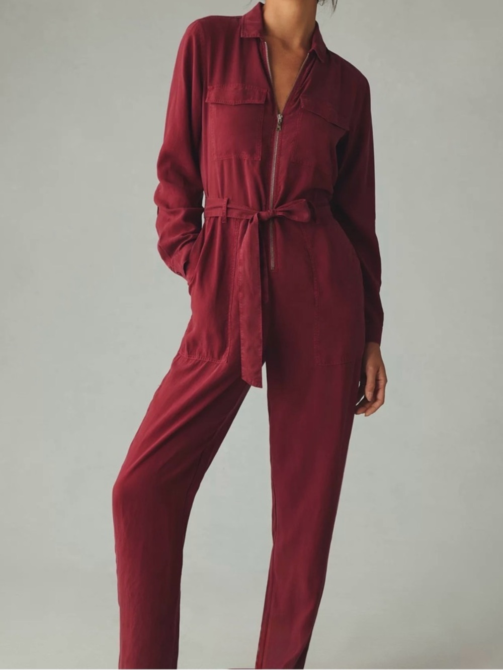 cloth & stone Burgundy Zip-Front Tie-Waist Jumpsuit Size Small
